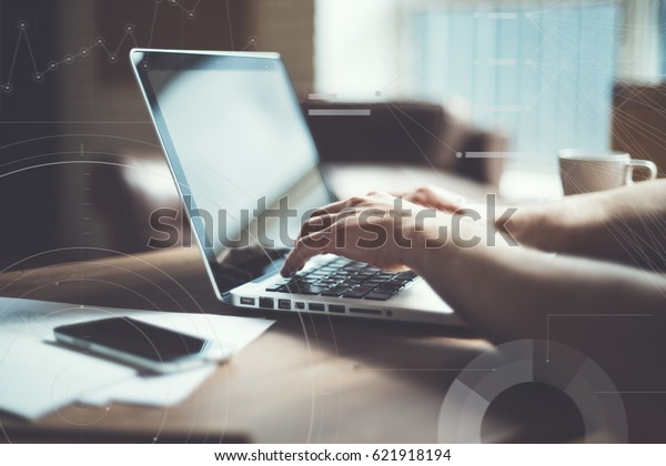 Man Using His Laptop Desk Loft Royalty Free Stock Image
