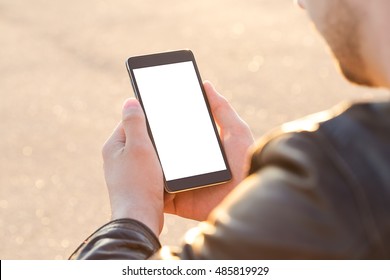 Man Using His Mobile Phone Outdoor, Close Up