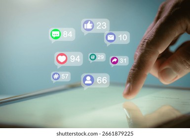 Man using interactive touchscreen display scrolling and touching,concept Social Media, Marketing, Post - Structure, like buttons