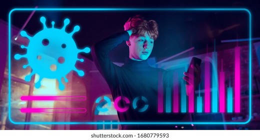Man using interface modern technology and digital layer effect as information of coronavirus pandemic spread. Analyzing situation with world's count of cases, healthcare, medicine and business.