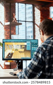 Man using interior design app to redesign room, planning out how furniture will fit new apartment. Professional using virtual home decorating software to preview design implementations