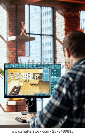 Man using interior design app to redesign room, planning out how furniture will fit new apartment. Professional using virtual home decorating software to preview design implementations