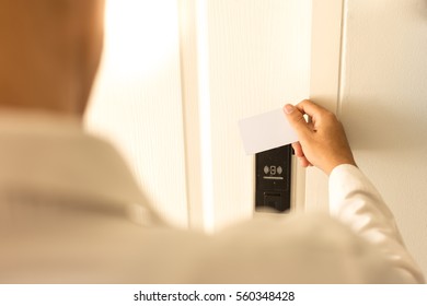 Man Using Keycard Contactless For Unlock Door In Hotel.