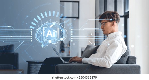 Man using laptop with AI interface overlay in a modern office. Concept of artificial intelligence technology and future digital innovation
