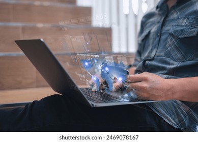 Man using a laptop to analyze global data, highlighting international connections and digital information overlay.