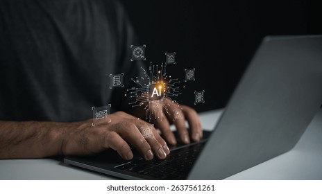 Man using a laptop with artificial intelligence concept, glowing AI symbol surrounded by digital icons, technology, innovation, modern workspace