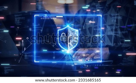 Man using laptop computer accessing applications or login Internet network to conduct transactions through digital technology cybersecurity password protect personal information from online crime.