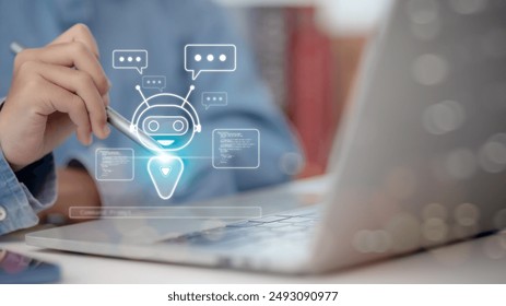 A man using a laptop computer chatting with an intelligent artificial intelligence asks for the answers he wants. Smart assistant, Chat AI, Chat with AI, or Artificial Intelligence technology.