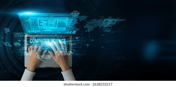 Man using a laptop with the computer science on the keyboard, analyzing data structures, algorithms, artificial intelligence, machine learning, cybersecurity, databases, programming language, networks