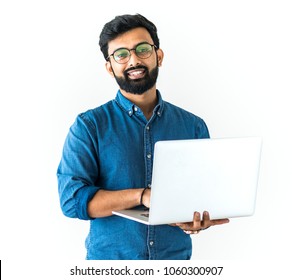 Man using laptop isolated on white background