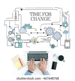 Man using laptop on workplace and TIME FOR CHANGE concept