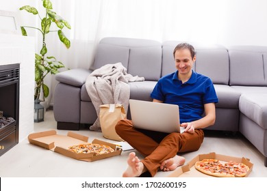 Man Using Laptop For Online Food Order During Quarantine, Closeup. Delivery Service