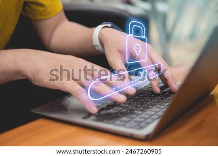Man using laptop with password. Lock, hacking. Crack password concept.