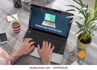 Man using a laptop with password protected concept on the screen