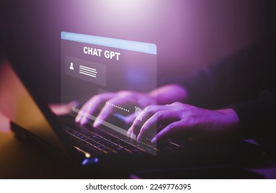 Man using Laptop or Smartphone With Chat GPT Chat with AI, Artificial Intelligence,System Artificial intelligence an artificial intelligence chatbot, Digital chatbot,robot application, conversation 