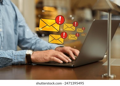 Man using laptop at table, closeup. Spam message notifications above device, illustration