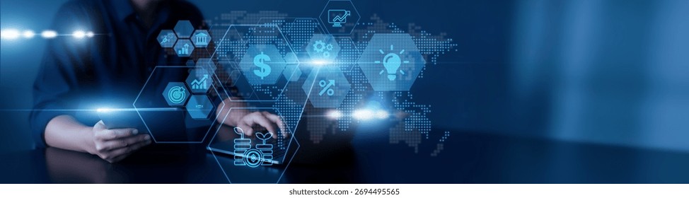 Man using laptop and tablet to analyze investment data. financial portfolio analysis, stock trends, ROI optimization, asset diversification, market performance insights.