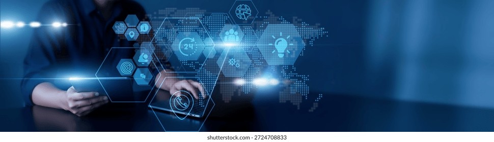 Man using laptop and tablet to analyze contact form data. Customer inquiries, feedback analysis, communication channels, CRM integration, response efficiency, service optimization