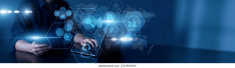 Man using laptop and tablet to analyze customer support data. Ticket management, response time metrics, chat assistance, user query tracking, service quality optimization.