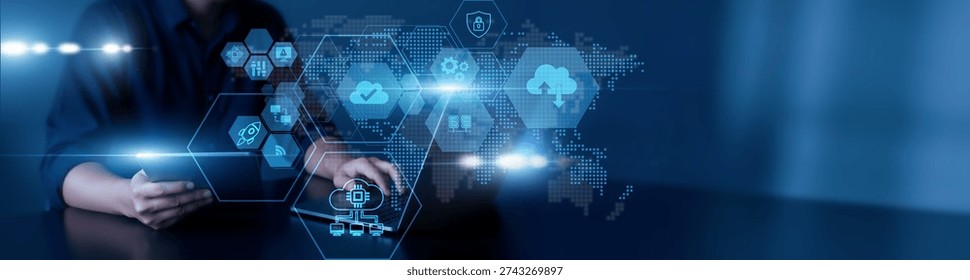 Man using laptop and tablet to analyze edge computing data. real-time analytics, device connectivity, latency reduction, distributed processing, intelligent automation.