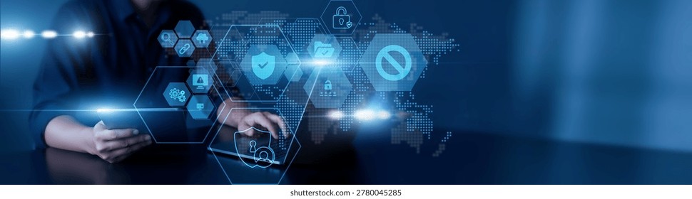 Man using laptop and tablet to analyze privacy data. encryption protocols, secure authentication systems, personal information protection, regulatory compliance, and data governance.
