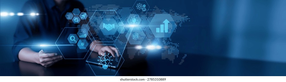 Man using laptop and tablet to analyze business solutions data. performance metrics, automation results, workflow optimization, strategic innovation, and decision efficiency.