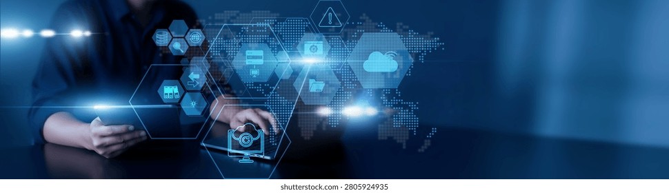 Man using laptop and tablet to analyze backup data. Cloud storage systems, disaster recovery solutions, encrypted protection, data replication, system restoration, digital continuity.