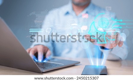 man using a laptop and a tablet. human touching virtual screen whit ai technology for working. Homework