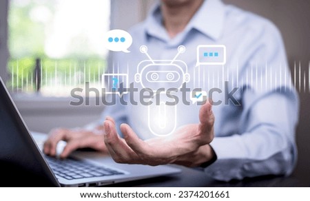 Man using laptop and touch bar Chat bot Chat with AI, Artificial Intelligence,System Artificial intelligence an artificial intelligence chatbot, Digital chatbot, Robot application, conversation 