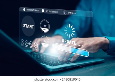 Man using laptop with Update Software Computer Program Upgrade Business Technology Internet, Update on virtual screen. Internet and technology concept, loading bar with installing the update.