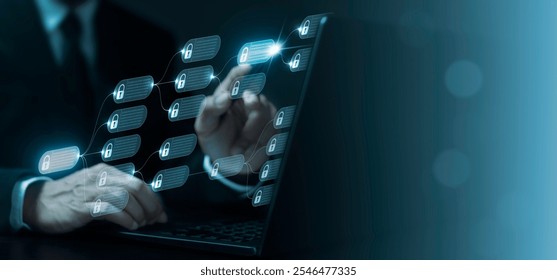 Man using laptop to work with blockchain technology data for payment and transaction system to secure business network. Digital finance and cryptocurrency concept of cyber security. - Powered by Shutterstock - Get 15% off with code: PIKWIZARD15