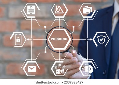 Man using magnifier and virtual touch screen sees word: PHISHING. Phishing Data Hacking Thief Cyber Security Concept.