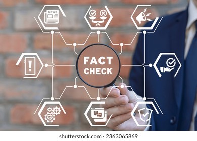 Man using magnifier and virtual touch screen sees inscription: FACT CHECK. Concept of thorough fact-checking or easy compare evidence. Fact check, journalist investigation, investigative blogging.