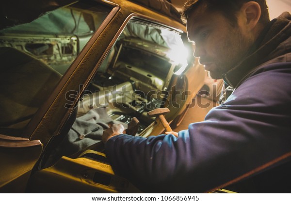 Man Using Mallet Chisel Remove Old Stock Photo Edit Now