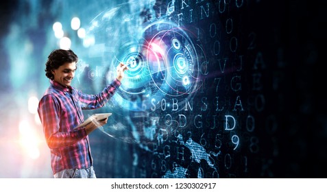Man using media interface. Mixed media