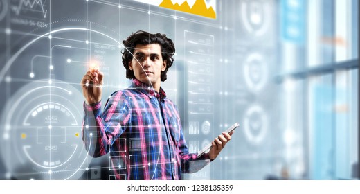 Man using media interface. Mixed media