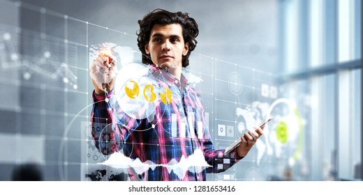 Man using media interface. Mixed media