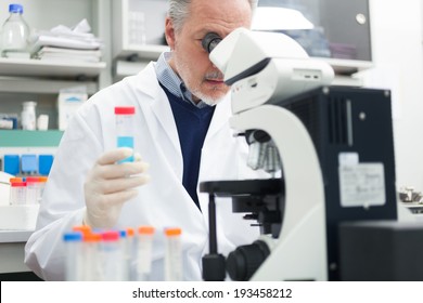 Man using a microscope in a chemical laboratory