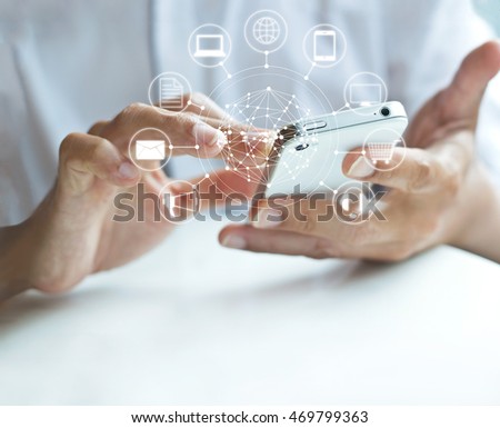 Man using mobile payments, holding circle global and icon customer network connection, Omni Channel, blank text