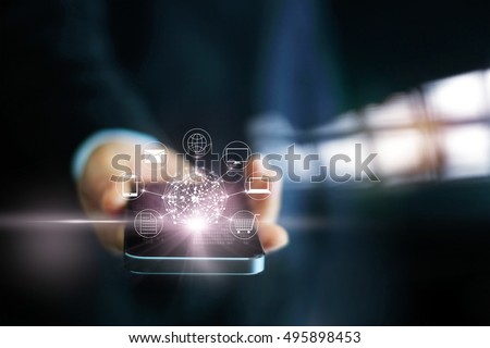 Man using mobile payments, holding circle global and icon customer network connection, Omni Channel 