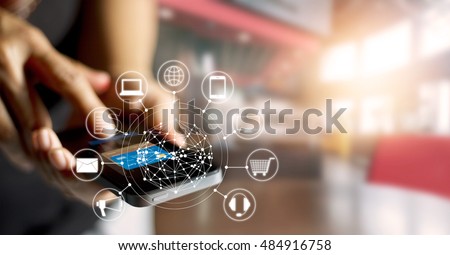 Man using mobile payments online shopping and icon customer network connection on screen, m-banking and omni channel 