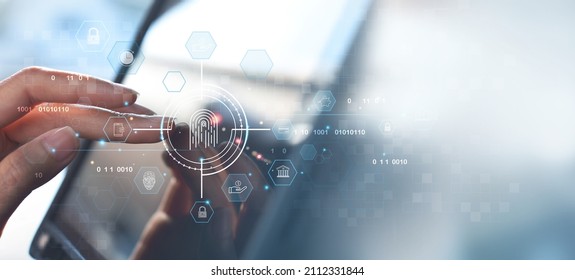 Man using mobile phone app for online banking and payment, Digital marketing. Finance and internet networking. Banking data protection with fingerprint sign-up, cyber security, financial technology - Shutterstock ID 2112331844