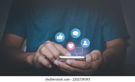 Man Using Mobile Phone To Communicate Via Internet Network, Concepts, Social Media, Long Distance Phone, Long Distance Video Call, Digital Online, Social Distancing And Working From Home.