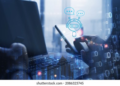 Man Using Mobile Phone, With Digital Chatbot On Virtual Screen For Provide Access To Information And Data In Online Network, Robot Application, Conversation Assistant, AI, Artificial Intelligence