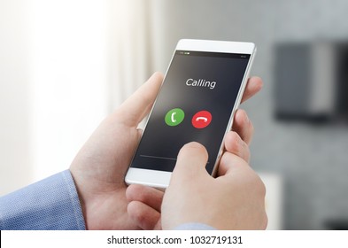 Man Using A Mobile Phone. Making A Call On A Mobile Device. Mobile Smart Phone Call Calling Interface Man Hand Concept