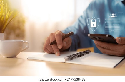 A man using mobile phone, secure access to user personal information, cybersecurity, secure Internet access, information security and encryption. Cyber security internet network data privacy concepts.