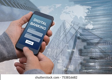 Man Using Mobile Smartphone Connecting Digital Banking Application On Screen With Financial Background Of Money And Bank Double Exposure. Fintech Financial Technology, Digital Mobile Banking Concept