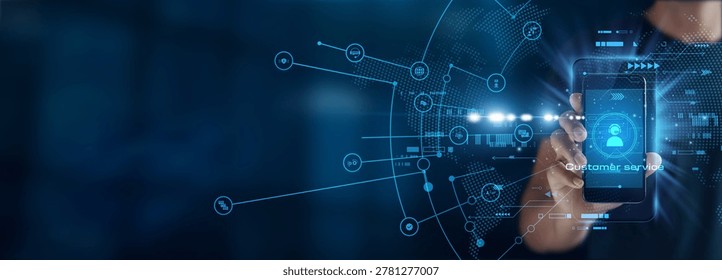 Man using mobile smartphone with global network connection delivering customer service, real-time support, online assistance, issue resolution, client communication, and service response management.