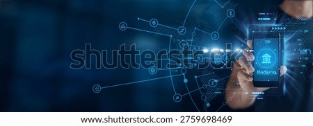 Man using mobile smartphone with global network connection enabling banking services, digital payments, mobile transactions, financial security, account management, and online banking systems.