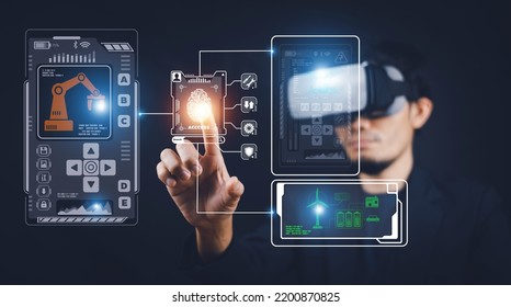 Man using modern computer with VR visual screen technology